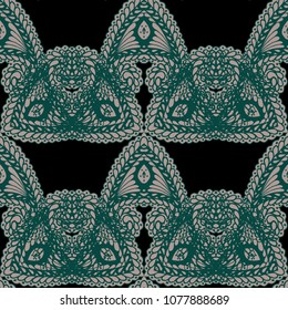 Seamless Hand Drawn Pattern with Zentangle Elements. Vintage Zendoodle Rapport for Feminine Fabric, Linen, Textile. Cute Summer Background in Orient Style. Vector Seamless Texture with Flowers