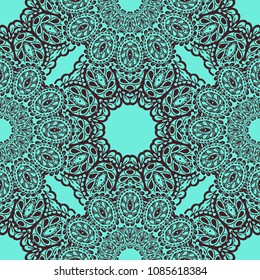 Seamless Hand Drawn Pattern with Zentangle Elements. Vintage Zendoodle Rapport for Feminine Fabric, Wallpaper, Dress. Cute Summer Background in Orient Style. Vector Seamless Texture with Flowers