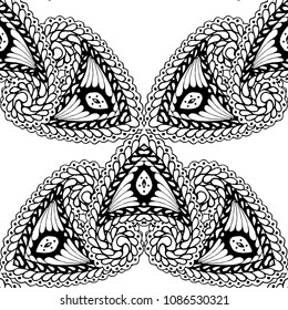 Seamless Hand Drawn Pattern with Zentangle Elements. Trendy Zendoodle Rapport for Feminine Cloth, Paper, Print. Cute Summer Background in Orient Style. Vector Seamless Texture with Flowers