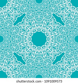 Seamless Hand Drawn Pattern with Zentangle Elements. Modern Zendoodle Rapport for Feminine Print, Linen, Textile. Cute Spring Background in Orient Style. Vector Seamless Texture with Flowers