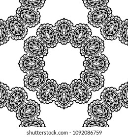 Seamless Hand Drawn Pattern with Zentangle Elements. Modern Zendoodle Rapport for Feminine Fabric, Linen, Textile. Cute Autumn Background in Orient Style. Vector Seamless Texture with Flowers