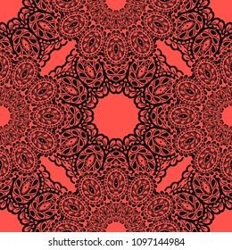 Seamless Hand Drawn Pattern with Zentangle Elements. Modern Zendoodle Rapport for Feminine Fabric, Wallpaper, Dress. Cute Spring Background in Orient Style. Vector Seamless Texture with Flowers