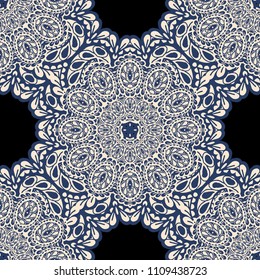 Seamless Hand Drawn Pattern with Zentangle Elements. Vintage Zendoodle Rapport for Feminine Cloth, Paper, Dress. Cute Spring Background in Orient Style. Vector Seamless Texture with Flowers