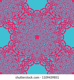 Seamless Hand Drawn Pattern with Zentangle Elements. Trendy Zendoodle Rapport for Feminine Cloth, Paper, Print. Cute Spring Background in Orient Style. Vector Seamless Texture with Flowers