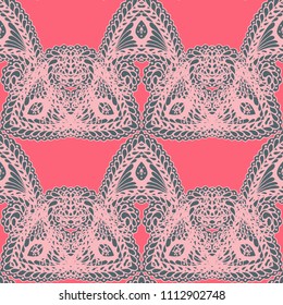 Seamless Hand Drawn Pattern with Zentangle Elements. Trendy Zendoodle Rapport for Feminine Fabric, Linen, Textile. Cute Autumn Background in Orient Style. Vector Seamless Texture with Flowers