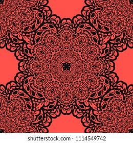 Seamless Hand Drawn Pattern with Zentangle Elements. Trendy Zendoodle Rapport for Feminine Fabric, Linen, Textile. Cute Summer Background in Orient Style. Vector Seamless Texture with Flowers