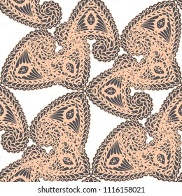 Seamless Hand Drawn Pattern with Zentangle Elements. Trendy Zendoodle Rapport for Feminine Cloth, Paper, Dress. Cute Spring Background in Orient Style. Vector Seamless Texture with Flowers