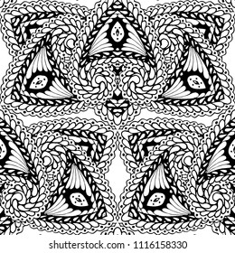 Seamless Hand Drawn Pattern with Zentangle Elements. Vintage Zendoodle Rapport for Feminine Cloth, Paper, Dress. Cute Spring Background in Orient Style. Vector Seamless Texture with Flowers