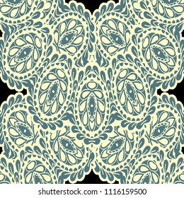 Seamless Hand Drawn Pattern with Zentangle Elements. Trendy Zendoodle Rapport for Feminine Cloth, Paper, Dress. Cute Summer Background in Orient Style. Vector Seamless Texture with Flowers