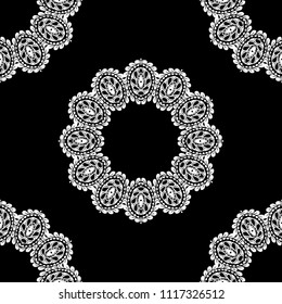 Seamless Hand Drawn Pattern with Zentangle Elements. Trendy Zendoodle Rapport for Feminine Cloth, Paper, Dress. Cute Summer Background in Orient Style. Vector Seamless Texture with Flowers