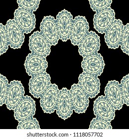 Seamless Hand Drawn Pattern with Zentangle Elements. Vintage Zendoodle Rapport for Feminine Cloth, Wallpaper, Dress. Cute Spring Background in Orient Style. Vector Seamless Texture with Flowers