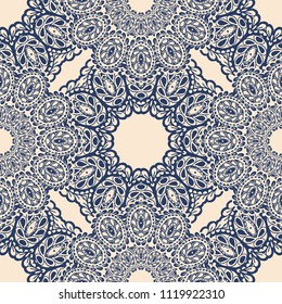 Seamless Hand Drawn Pattern with Zentangle Elements. Vintage Zendoodle Rapport for Feminine Print, Linen, Textile. Cute Summer Background in Orient Style. Vector Seamless Texture with Flowers