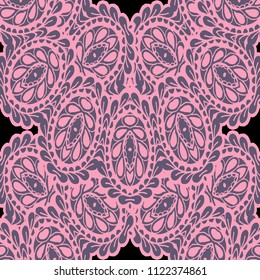 Seamless Hand Drawn Pattern with Zentangle Elements. Trendy Zendoodle Rapport for Feminine Fabric, Linen, Textile. Cute Spring Background in Orient Style. Vector Seamless Texture with Flowers