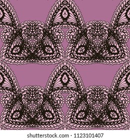 Seamless Hand Drawn Pattern with Zentangle Elements. Vintage Zendoodle Rapport for Feminine Fabric, Linen, Textile. Cute Autumn Background in Orient Style. Vector Seamless Texture with Flowers