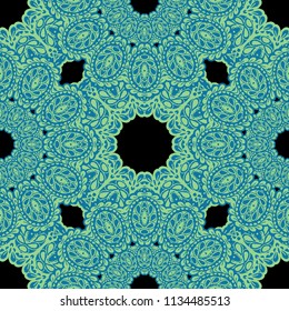 Seamless Hand Drawn Pattern with Zentangle Elements. Trendy Zendoodle Rapport for Feminine Fabric, Linen, Textile. Cute Autumn Background in Orient Style. Vector Seamless Texture with Flowers