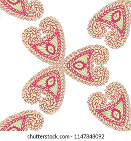 Seamless Hand Drawn Pattern with Zentangle Elements. Vintage Zendoodle Rapport for Feminine Cloth, Paper, Dress. Cute Spring Background in Orient Style. Vector Seamless Texture with Flowers