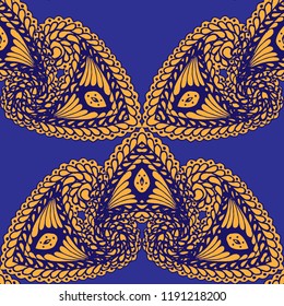 Seamless Hand Drawn Pattern with Zentangle Elements. Trendy Zendoodle Rapport for Feminine Print, Linen, Textile. Cute Summer Background in Orient Style. Vector Seamless Texture with Flowers