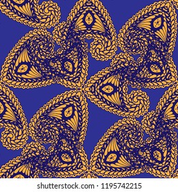 Seamless Hand Drawn Pattern with Zentangle Elements. Vintage Zendoodle Rapport for Feminine Cloth, Paper, Dress. Cute Spring Background in Orient Style. Vector Seamless Texture with Flowers