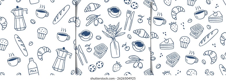 Seamless hand drawn patterns set breakfast food. Sketch style, coffee, croissant. Italian style