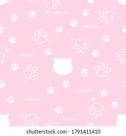 Seamless of hand drawn paw print and cat kitten head on pastel pink background vector illustration. Cute cartoon animal pattern.