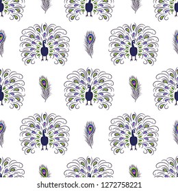 Seamless hand drawn peacock pattern. Vector background with beautiful birds.