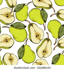 Seamless hand drawn pear background. Sketch style set of fruit. Vintage Eco food. Vector illustration.