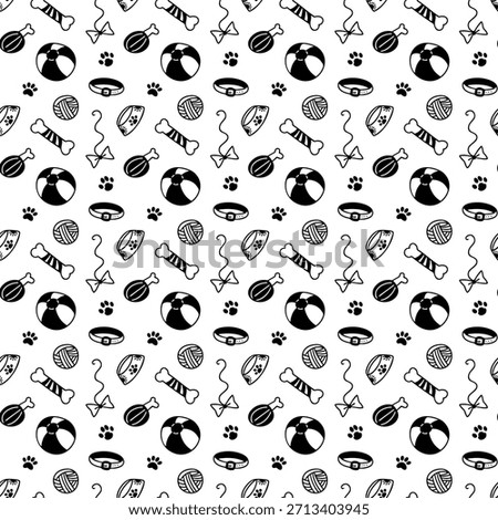 Seamless hand drawn pet accessories pattern with toys, bones, balls and bowls on white background 