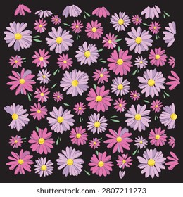Seamless hand drawn pink and purple daisy flower pattern vector illustration.