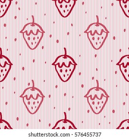 seamless hand drawn pink and red strawberry pattern on pink stripe background