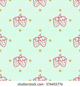 seamless hand drawn pink strawberry with gold dot glitter pattern on green stripe background