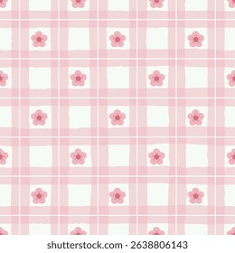 Seamless hand drawn plaid pattern with cute little flowers, pink floral and checkered background for textiles, fashion, scrapbooking, and home décor. Vector illustration.