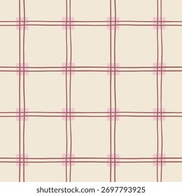 Patrón de cuadros dibujado a mano sin fisuras con líneas de rejilla imperfectas en rosa y marrón sobre un fondo crema. Diseño de Vector a cuadros simple, lindo y acogedor
