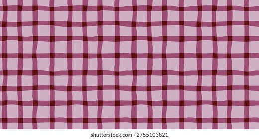 Seamless hand drawn plaid pattern with organic geometric lines in purple and pink shades. Plaid background. Modern banner