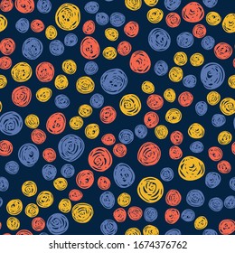 Seamless Hand Drawn Polka Dot Spots Retro Vector Repeat Pattern with Blue, Red and Yellow Spotty Circles and a Navy Blue Background. Perfect For Home Decor, Fashion and Textile Design Projects. 