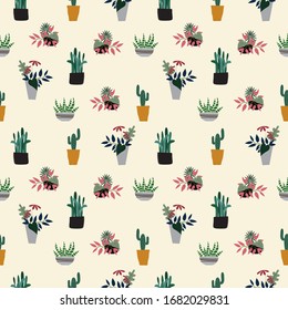 Seamless hand drawn potted plants,cactus pattern background vector illustration for design
