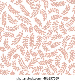 Seamless hand drawn print of abstract leaves on branches shaped in circles