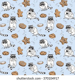 Seamless hand drawn raccoon and cookie pattern in cartoon style in vector