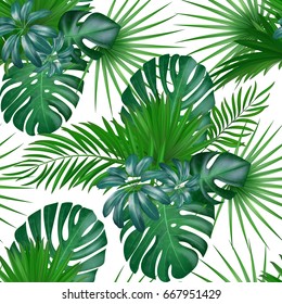 Seamless hand drawn realistic botanical exotic vector pattern with green palm leaves isolated on white background.