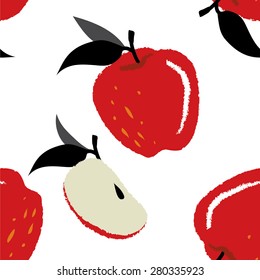 Seamless hand drawn red apple pattern on white background 