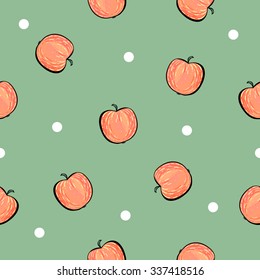 Seamless hand drawn red apple pattern on green background with white dots. Vector illustration.