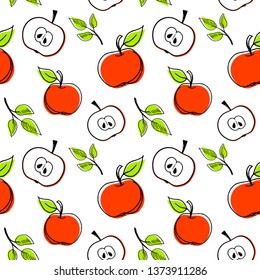 Seamless hand drawn red apples pattern fruit background flat style design vector illustration isolated on white background with leaves and sliced core.