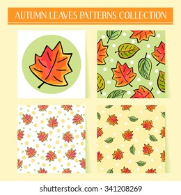 Seamless hand drawn red and green autumn leaves patterns set. Vector illustration.