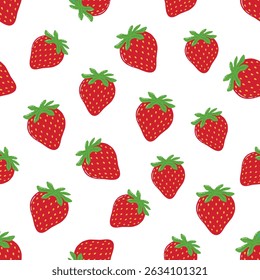 Seamless Hand Drawn Red Strawberries Pattern Design White Background