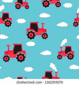 Seamless Hand Drawn Red Tractor Pattern For Kids Design.