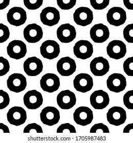 Seamless hand drawn repeat vector pattern with abstract geometric circle shapes in black and white monochrome color scheme. Perfect for fashion design, textile design, home decor and fabric printing.