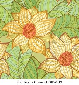 Seamless hand drawn retro pattern with magnolia flowers
