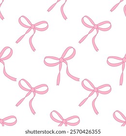 Seamless hand drawn ribbon bow pattern. Decorating bow, pink