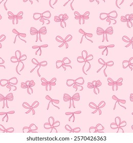 Seamless hand drawn ribbon bow pattern. Decorating bow, pink