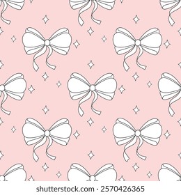 Seamless hand drawn ribbon bow pattern. Embellishment bow, pastel pink