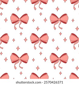 Seamless hand drawn ribbon bow pattern. Decorating bow, pink, red